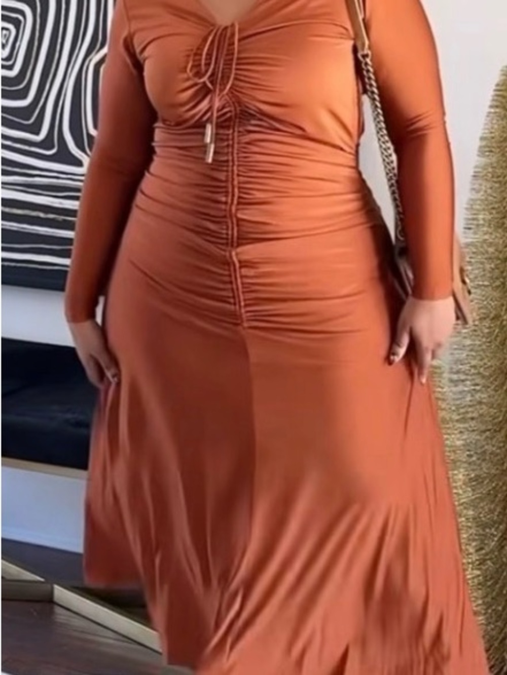 City Chic Rust Long Sleeve Ruched Midi Dress
